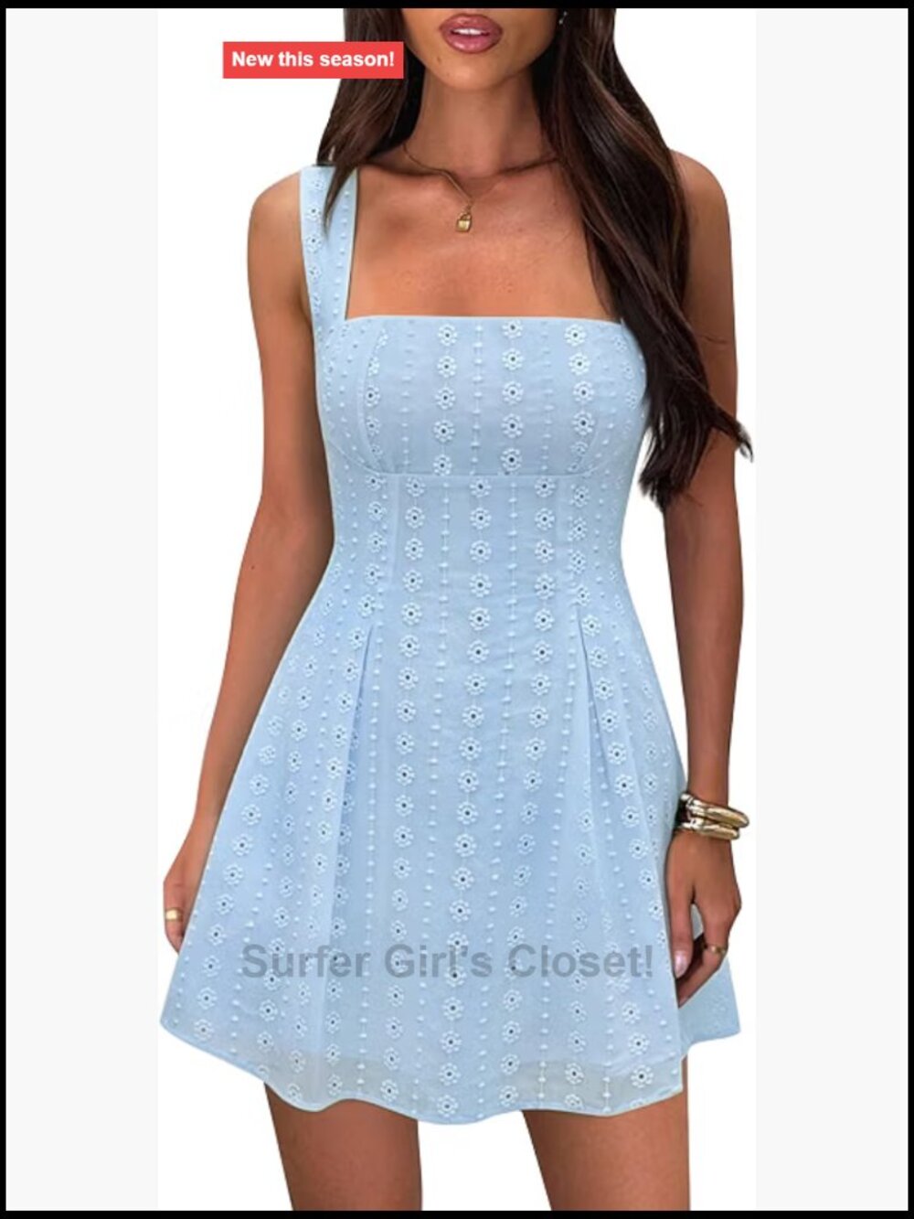 Women's Cotton Eyelet Mini Dress Square Neck A-Line